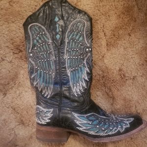 CORRAL Women's Turquoise Wing Inlay and Cross Embr